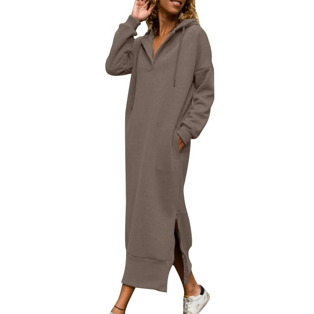Robe Décontractée pour Femmes Robe à Capuche Décontractée avec Poches Couleur Unie et Jupe Confortable avec Poches