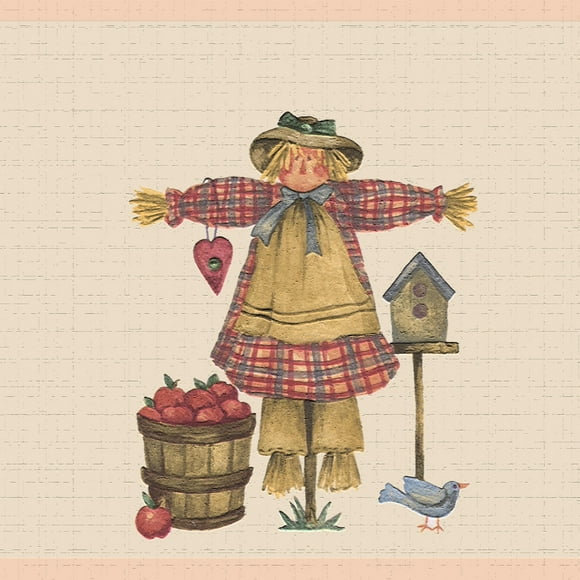 Dundee Deco's Peel and Stick Wallpaper Border - Country Red Yellow Scarecrow Wall Border Retro Design, 15 ft x 7 in (4.57m x 17.78cm), Self Adhesive