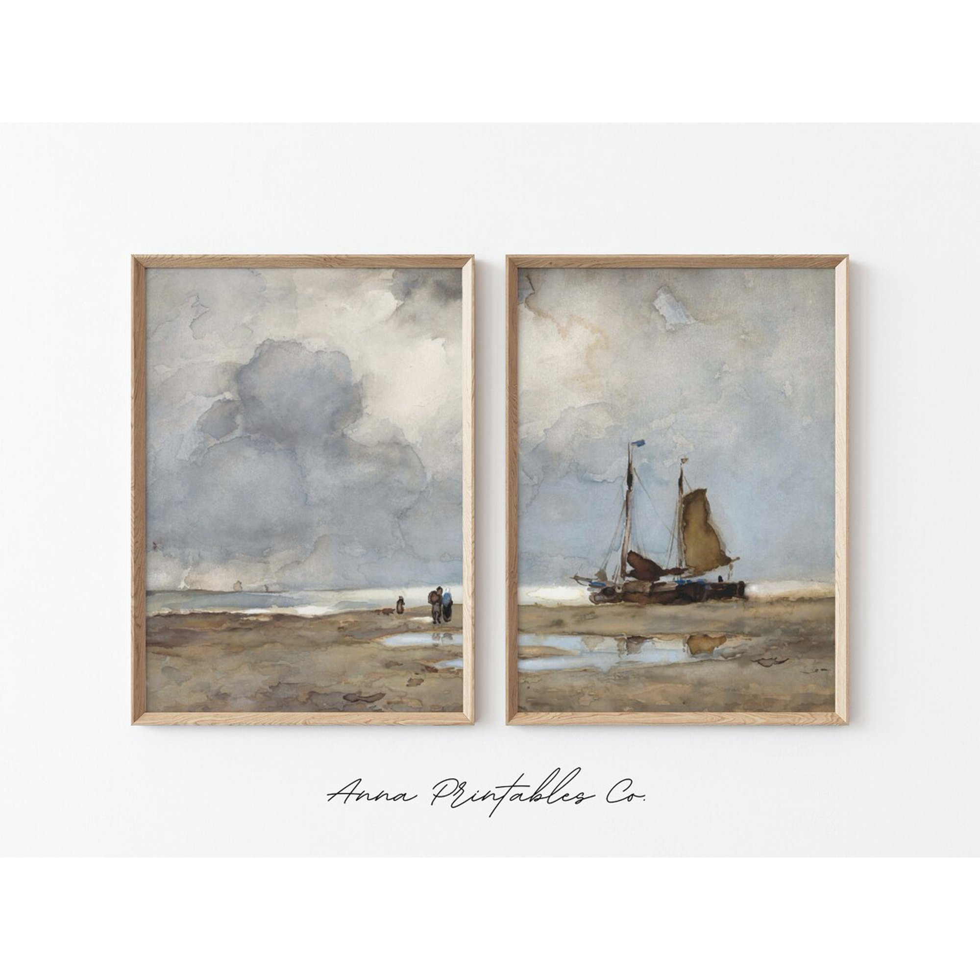 Sailboat On Beach Prints Set Of 2 Antique Nautical Watercolor Wall Art