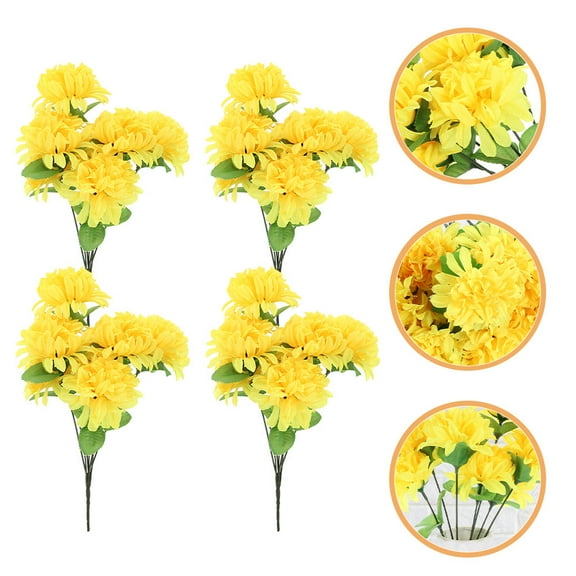 Masteelf 5pcs Artificial Yellow Marigold Flowers for Cemetery 7 Heads Faux Chrysanthemum Bouquets Silk Floral Arrangements for Memorial Day Outdoor Grave Decorations