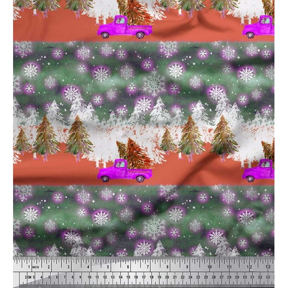 Soimoi Green Cotton Voile Fabric Car & Pine Tree Nature Decor Fabric Printed Yard 56 Inch Wide