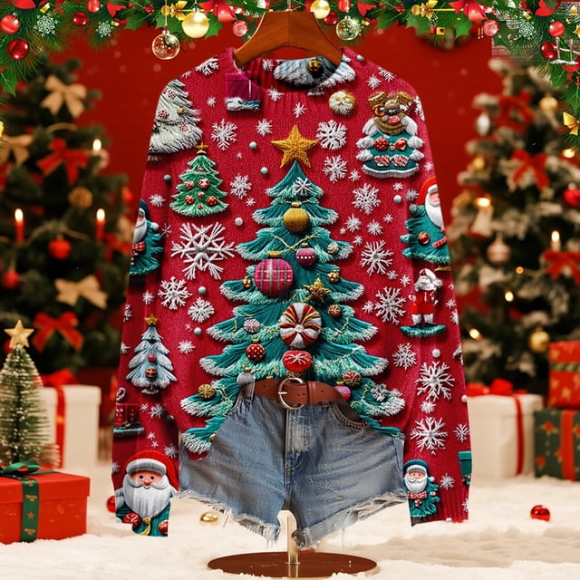 Chandails d'Hiver Grande Taille pour Femmes Chandails de Noël pour Femmes Chandail en Molleton de Saison Imprimé Graphique Manches Longues Tricot Rouge TTG
