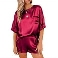 thumbnail image 3 of Funicet Womens Satin Silky Pajama Set Short Sleeve Shirt with Long Pajama Shorts Set Soft Pjs Loungewear Red XL, 3 of 6
