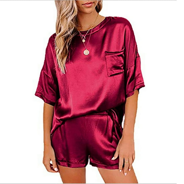 Gspmoly Hauts d'Entraînement pour Femmes, Pyjama Uni pour Femmes Ensemble Deux Pièces Décontracté Mode T-Shirt à Manches Courtes + Shorts pour Femmes Chemises pour Femmes jusqu'à 60 % de Rabais