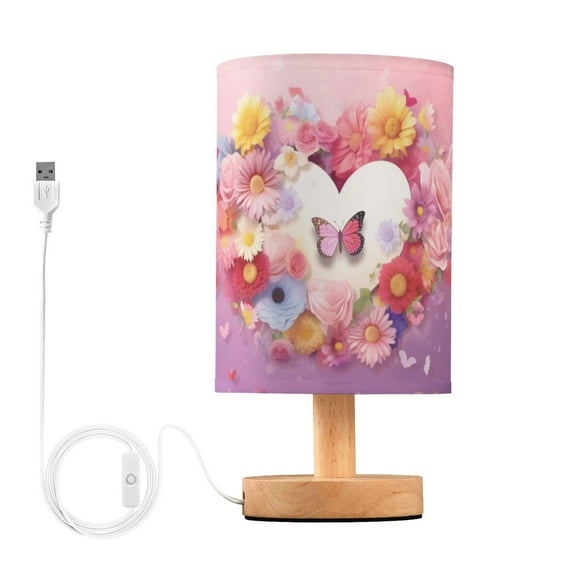 Sunflowers Butterfly on Pink Bedside Table Lamp LED Warm Lights with USB Charging Port Retro Cylinder Desk Lamps