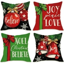 Christmas Believe Noel Decorative Throw Pillow Covers 18x18 Set of 4, Xmas Ornament Jingle Bell Red Patio Outdoor Pillowcase, Joy Peace Love Snowflake Winter Holiday Cushion Case Home Decor