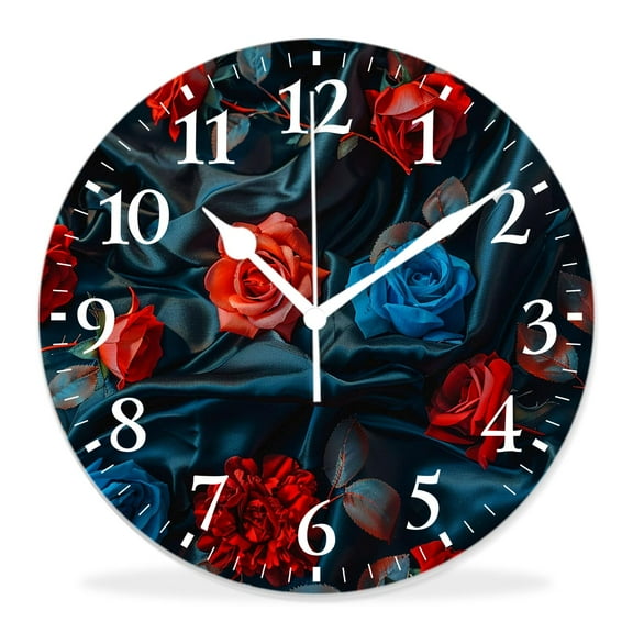 12 Inch Wall Clock Battery Operated Silent Clock Decorative for Office, Kitchen, Outdoor, Living Room，Floral Red Flower Graceful