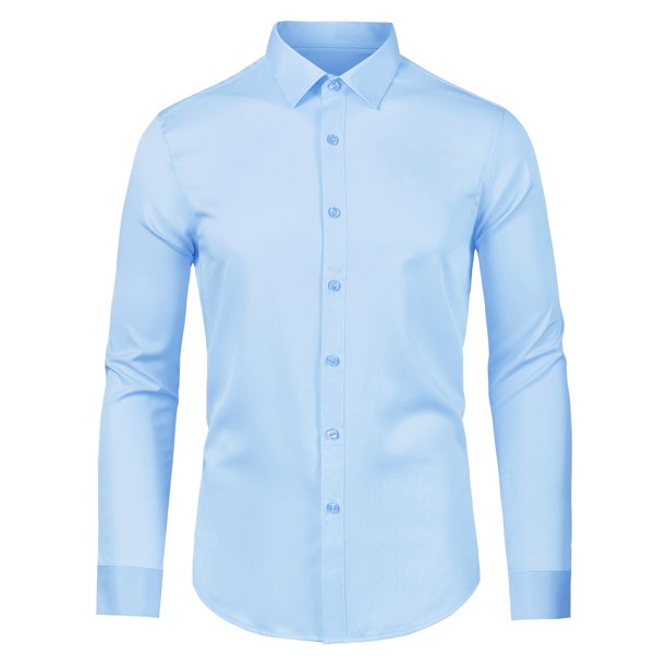 Camisas de manga larga sólidas para hombres Camisas de vestir ajustadas con cuello de punto y botones Azul claro L Unique Bargains Camisa