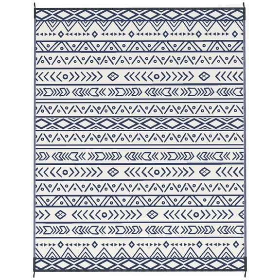 Reversible Geometric Outdoor Rug, Waterproof Straw Mat with Carry Bag, 8x10 Feet, Blue and White Design