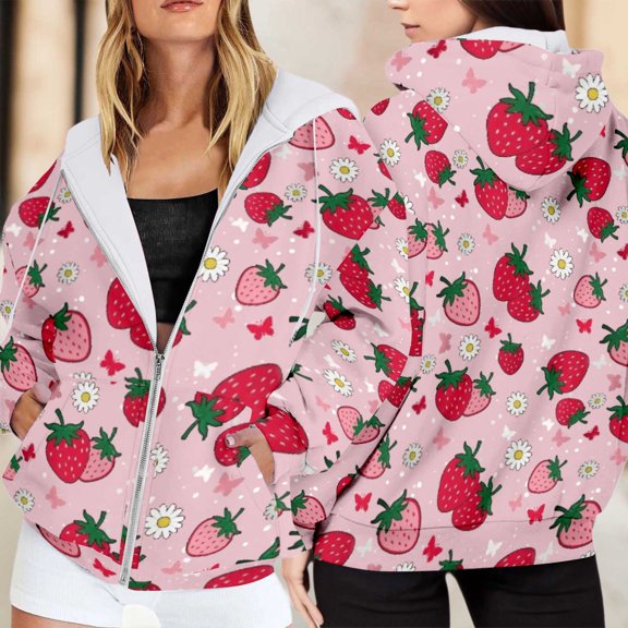 Womens Hoodies Loose Fit Thickened Stylish Print Zipper Pocket Hooded Long Sleeve Jacket for Casual Wear Women's Sweatshirts Pink L