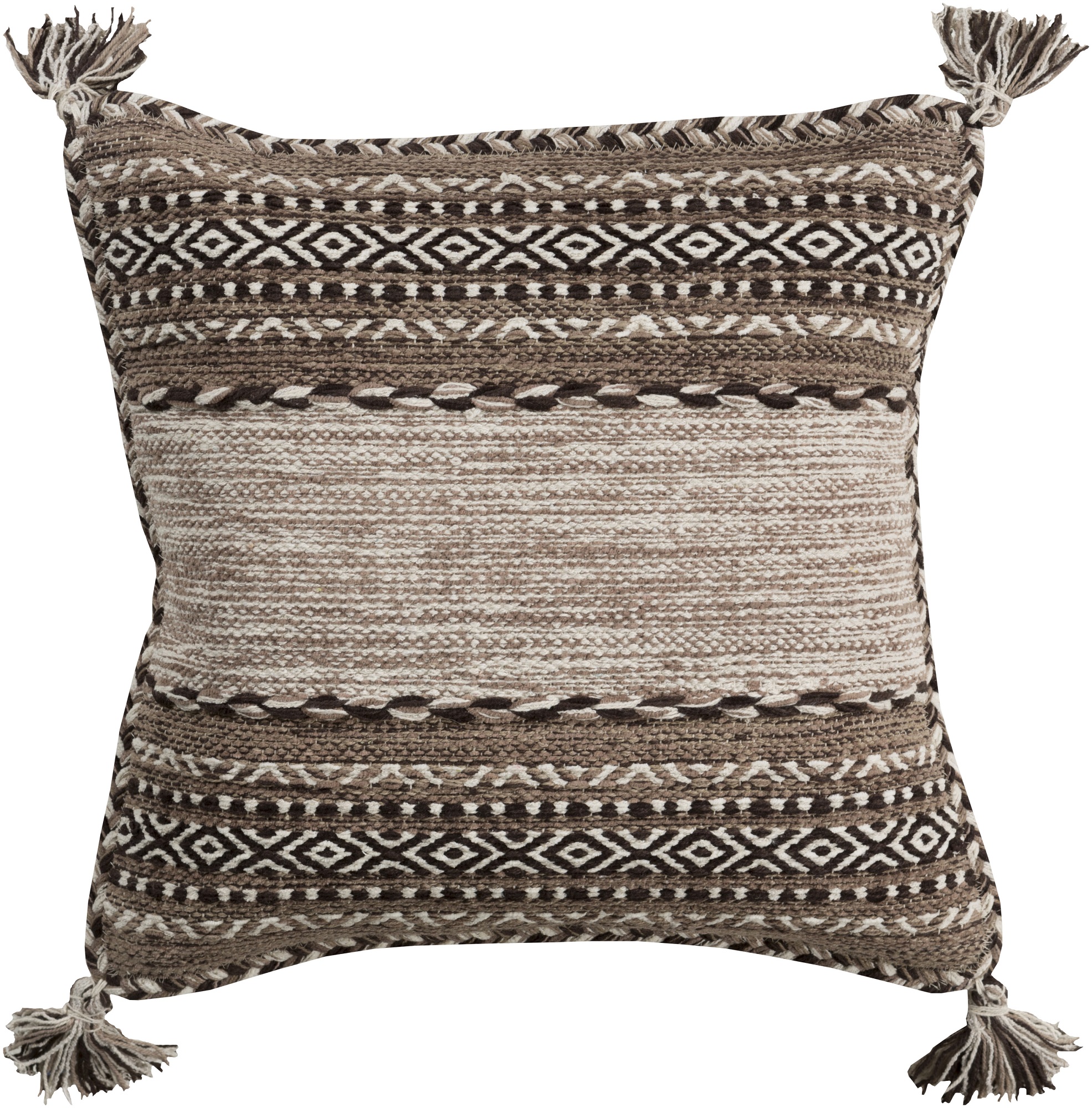 20" Brown and White Geometric Square Throw Pillow with Knotted Corner
