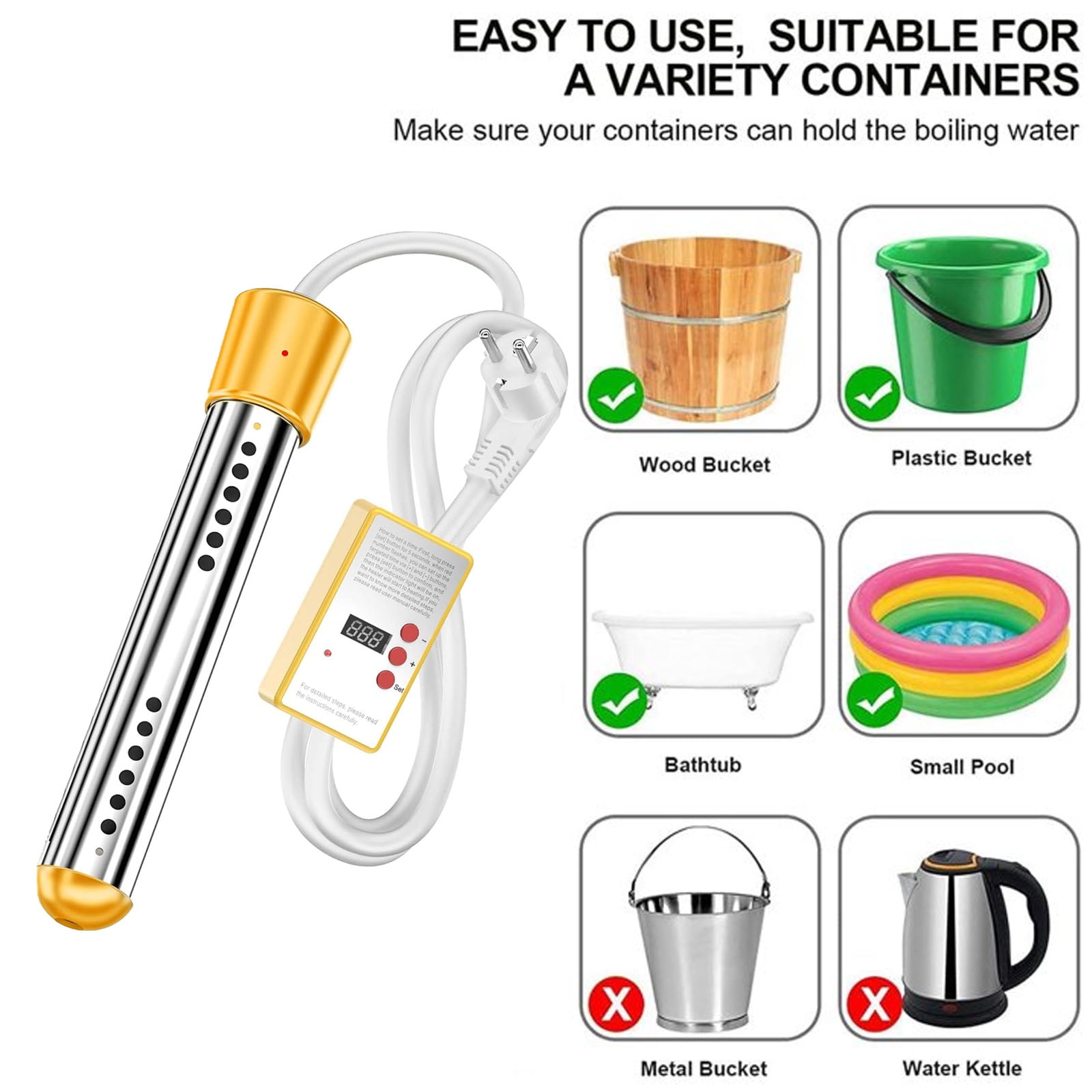 FAMKIT 2000W Immersion Water Heater, Portable Submersible Water Heater with Timed Auto Power Off, Electric Bucket Heater w/Digital Thermometer & 304 SS Guard, for Bathtub, Pool, Camping,﻿ Yellow