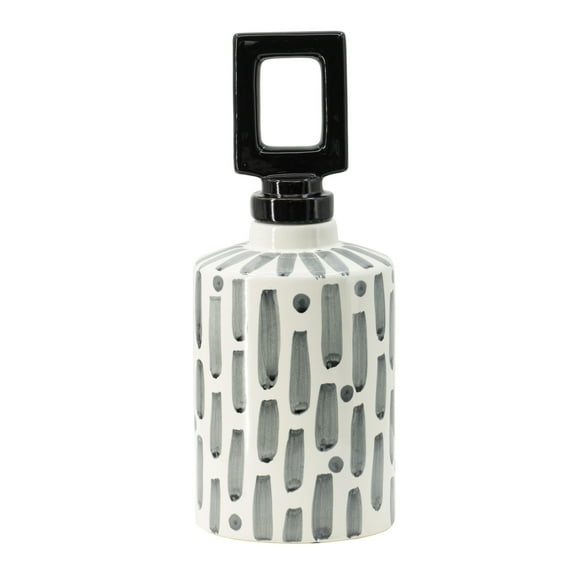 Ceramic Jar with Lid - Geometric Pattern Storage Container - 14" Tall Decorative Accent - Black, Gray, White