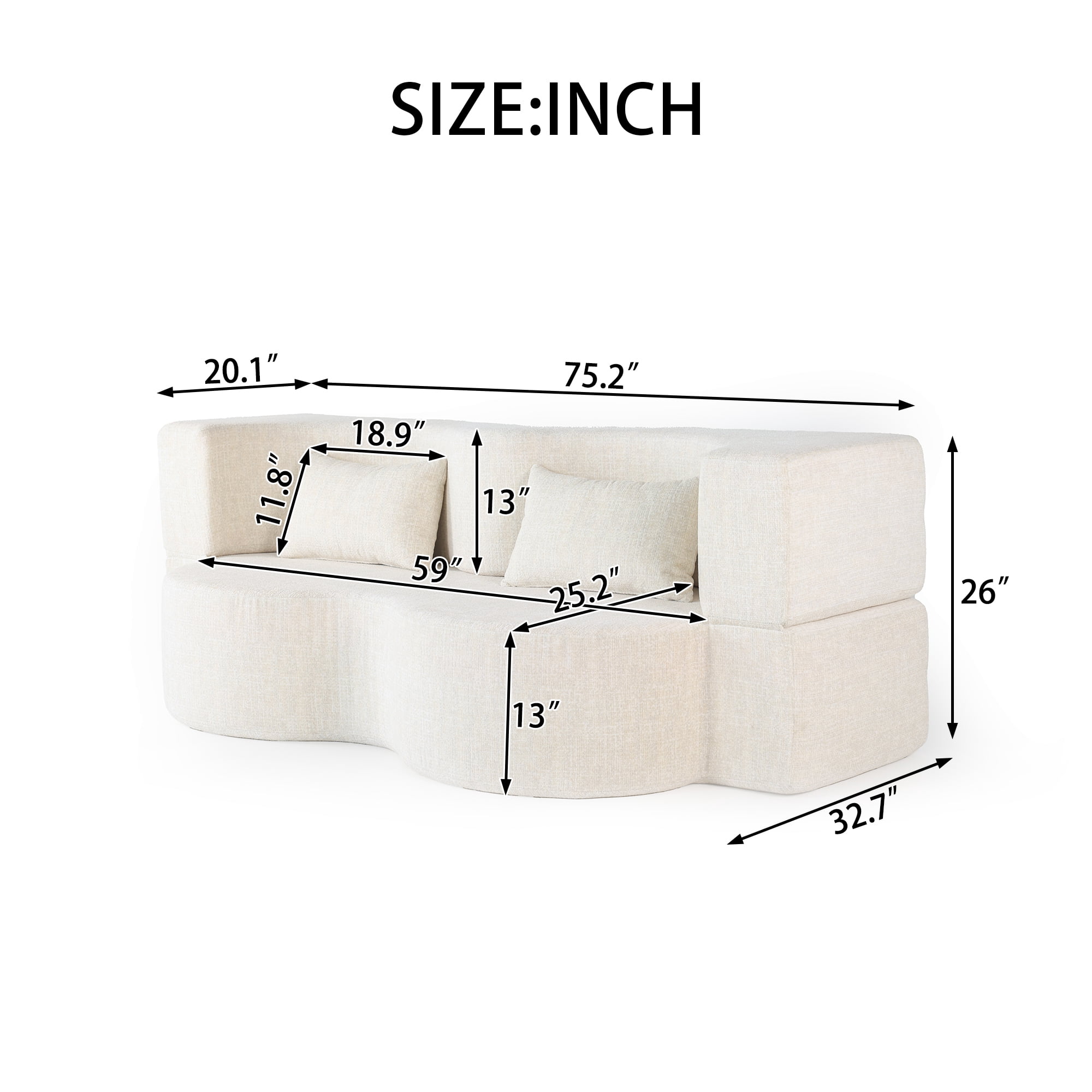 Shikeyi 2-in-1 Foldable Sofa Bed Memory Foam Convertible Sleeper Boneless Couch, 75" Wide 2-Seat Faux Fur SofaBed with 2 Pillows for Living Room Apartment Small Space, Beige + Cream