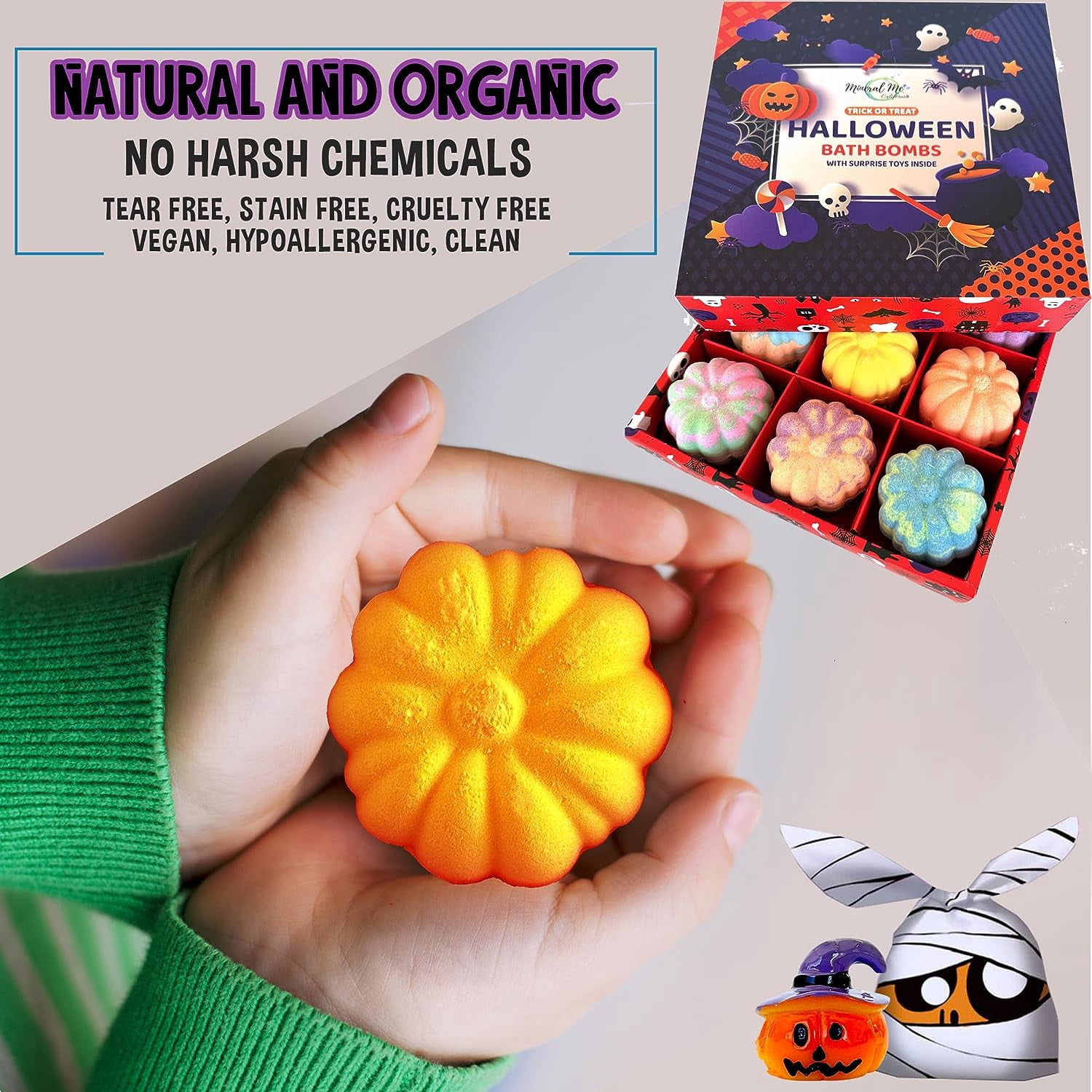 Mineral Me Halloween Bath Bombs for Kids - Bath Fizzies with Surprise Halloween gifts and treat bags