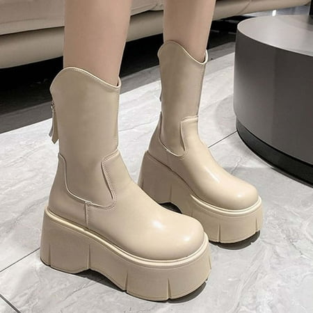 

Njoeus Black Knee High Boots Thigh High Boots Women S Fashion Slouchy Women S High-Heels Mid Calf Boots 8Cm Thick Sole Wedge Round-Toe Boots Boots Women