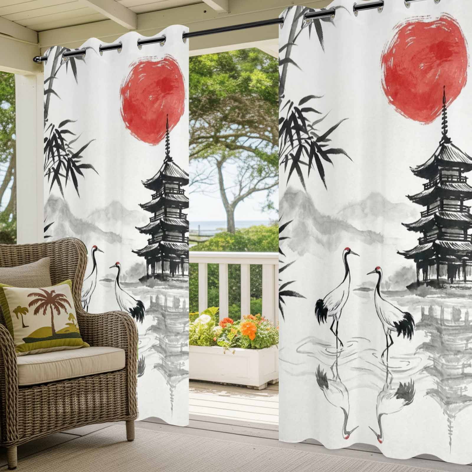 White Crane Outdoor Curtains for Patio, Ink Wash Gray Black Bamboos Trees Japanese Pagoda Red Sun Sunshade Privacy Drapes Grommet Waterproof Outside Curtains for Porch Balcony 54"x108", 1 Panel