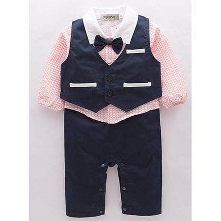

Stylesilove Toddler Boy Long Sleeve Bow-tie Tuxedo Romper with Vest 2 Pcs Outfit