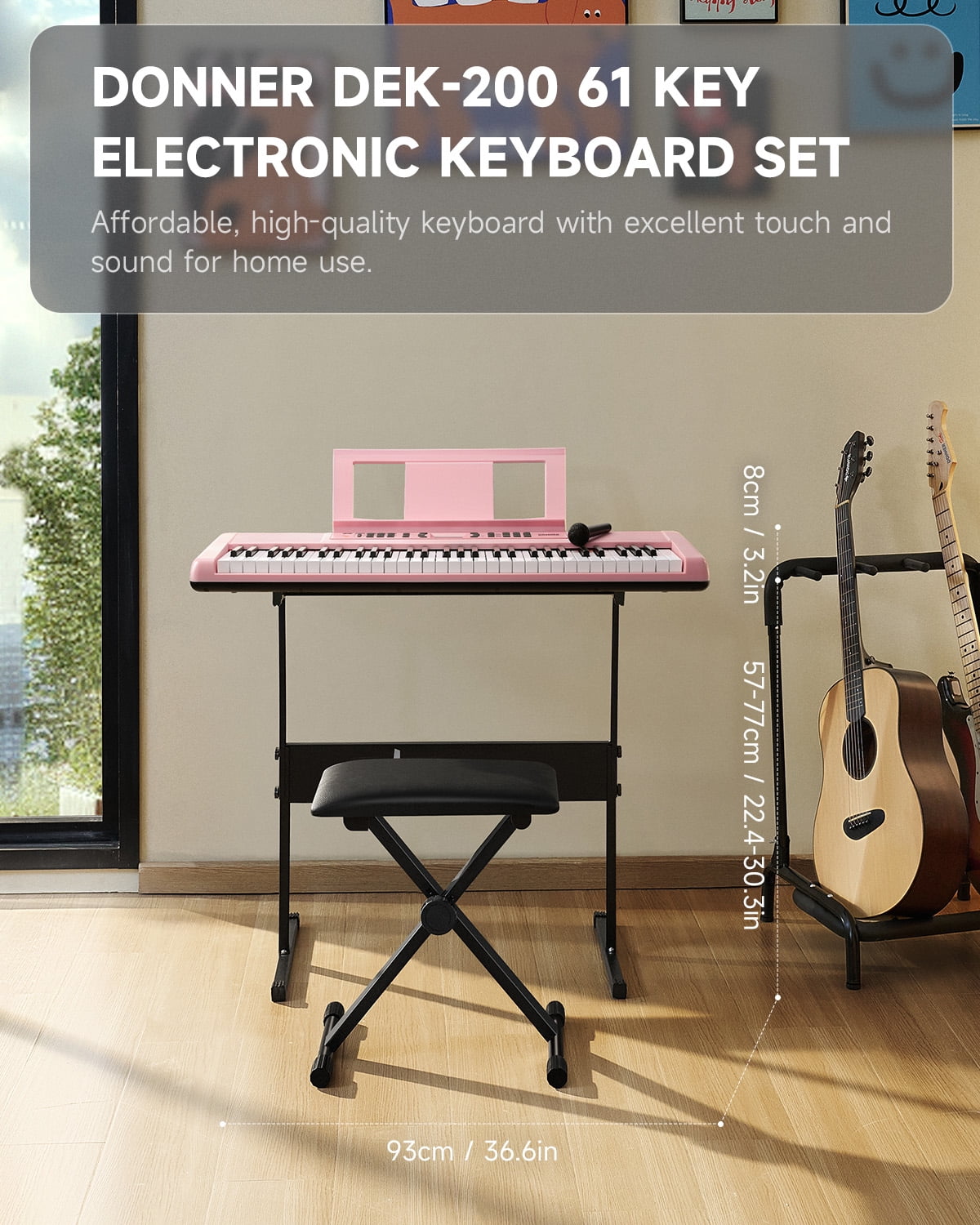 Donner DEK-200 61 Key Piano Full-Size Electronic Keyboard Set, Dual Keyboard, Auto Accompaniment, Metronome, Record, Includes 300 Tones and Rhythms, with Stand, Bench, Microphone, Pink