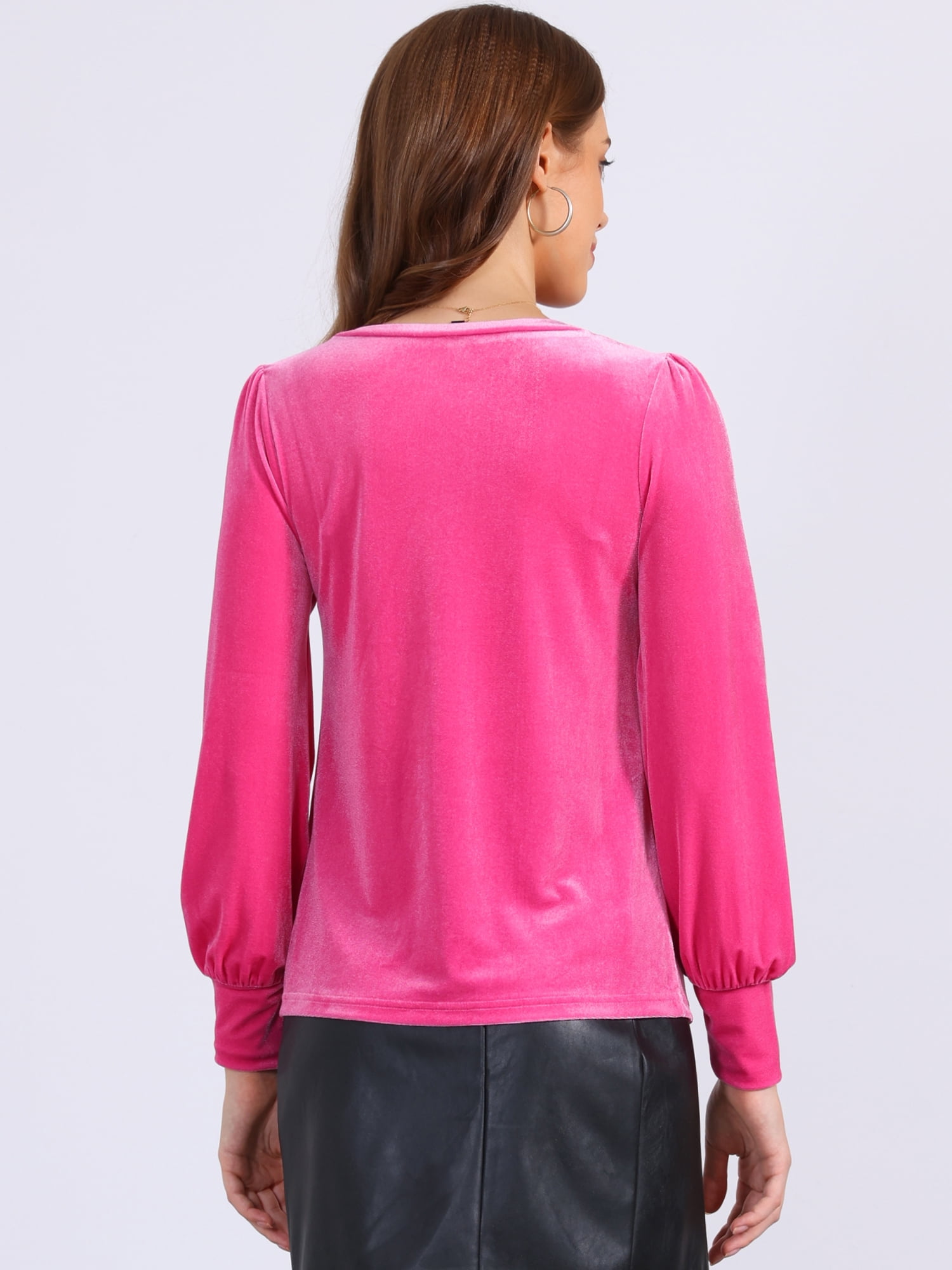 DARING DIVA Women's Velvet Crew Neck Puff Long Sleeve Blouses XS Hot Pink