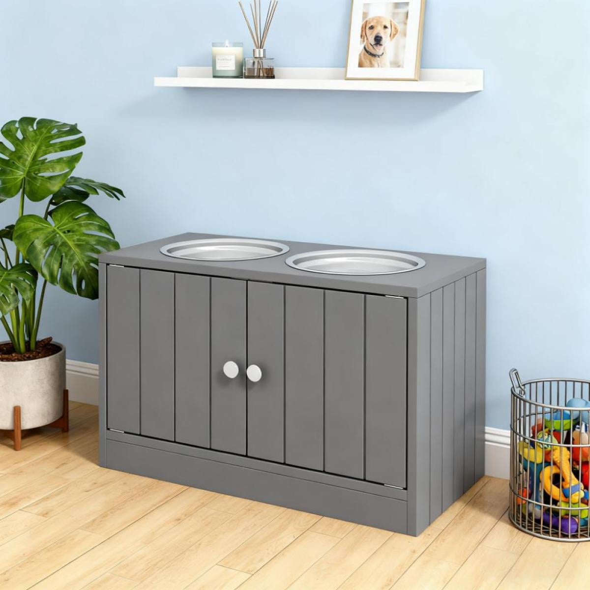 Elevated Dog Bowls with 44L Storage Cabinet Magnetic Closure & 67.6 oz Stainless Steel Bowls Raised Feeder for Large Dogs (21.75"-25.5" Shoulder Height) 23.5"L x 11.75"W x 14"H - Dishwasher Safe