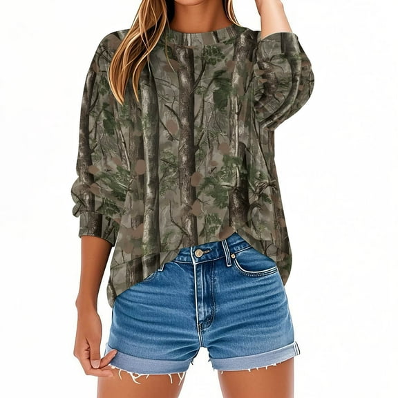 CLOISE Cute Sweatshirts for Women Plus Size Lightweight Crew Neck Tops Camouflage Long Sleeve Pullover Oversized Clothes