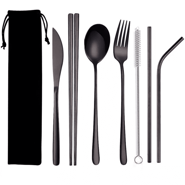 Set Cubiertos Portátiles Acero Inoxidable 7pz Con Bolsa Negro