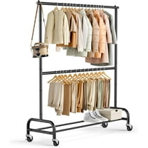 Heavy Duty Clothing Racks for Hanging Clothes Rack Double Rod Garment Rack Rolling Closet Wardrobe Rack on Wheels, Metal, Adjustable, Black