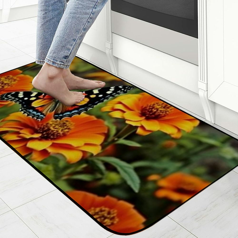 PHYHOO Decorative Door Mat, Door Mat with Non-Slip Rubber Backing, Easy Cleaning, Traps Dirt, Rug for Entry, Patio, Garage - Butterfly Flowers Orange Flowers Plants Nature 19.68*47.24 in
