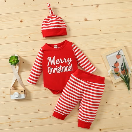 

Leutsin Newborn Baby Christmas Cartoon Print Patchwork Romper Bodysuit+Striped Pants Set