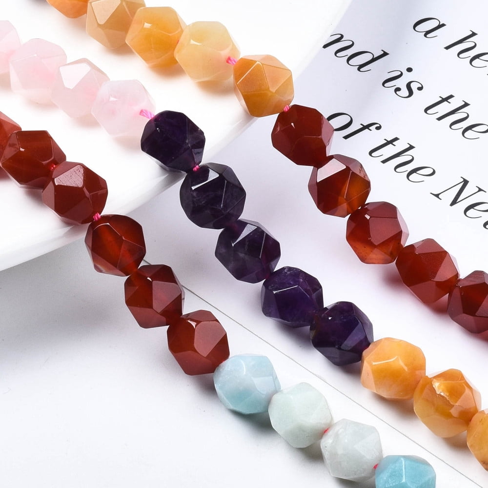 5 strand Theme Natural Tiger Eye Rose Quartz Amethyst Topaz Jade Red Agate Amazonite Sodalite Beads Strands Star Cut Round Beads Faceted 10x9~10mm Hole: 1mm 39pcs/strand 15.55 inch(39.5cm)