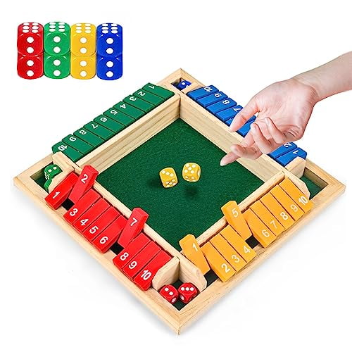 1-4 Players Shut The Box Dice Game,10 Numbers Traditional Wooden Pub Bar Board Family Table Mat Game Dice for Kids and Adults