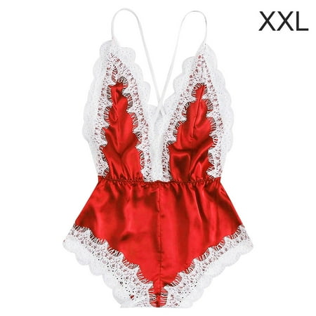 

Fashion Lingerie Women Deep V-neck Underwear Girl Lace Mesh Bodysuit Red XXL