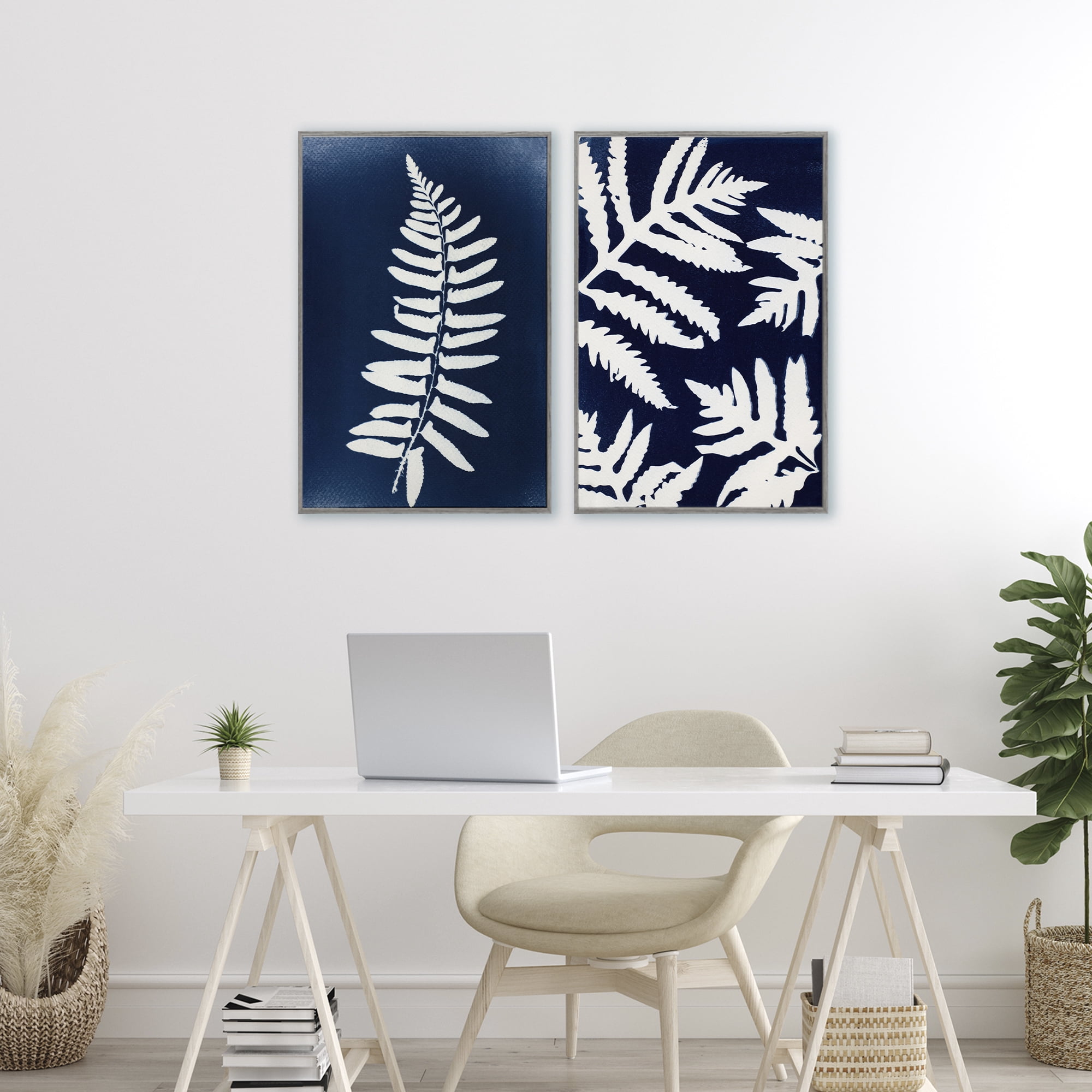 Stupell Industries Fern Leaves on Indigo 2 Piece Gray Framed Giclee Art Set, design by Lynn Byrd