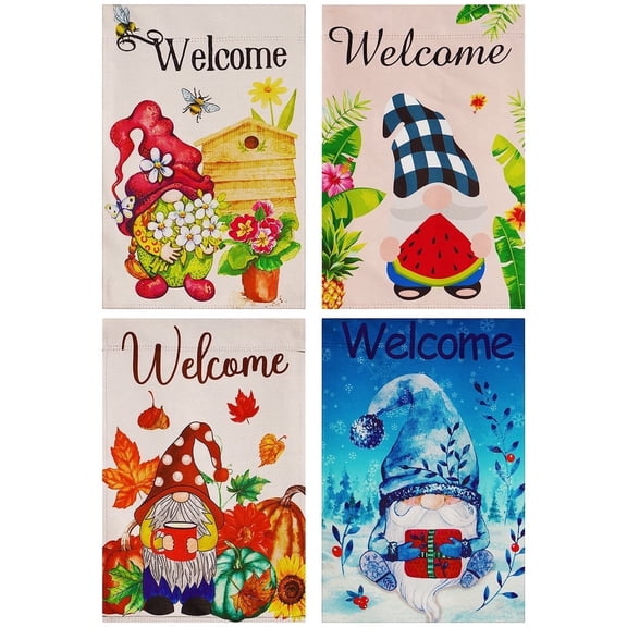 G128 Garden Flags Set of 4 Double Sided 12"x18" Seasonal Gnomes Outdoor Blockout Fabric