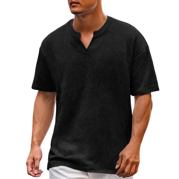 Tisuna Men'S Loose Fit Summer T-Shirt Solid Color Short Sleeve V Neck Tops Comfortable Breathable Male School Work Casual Dailywear Black Size L