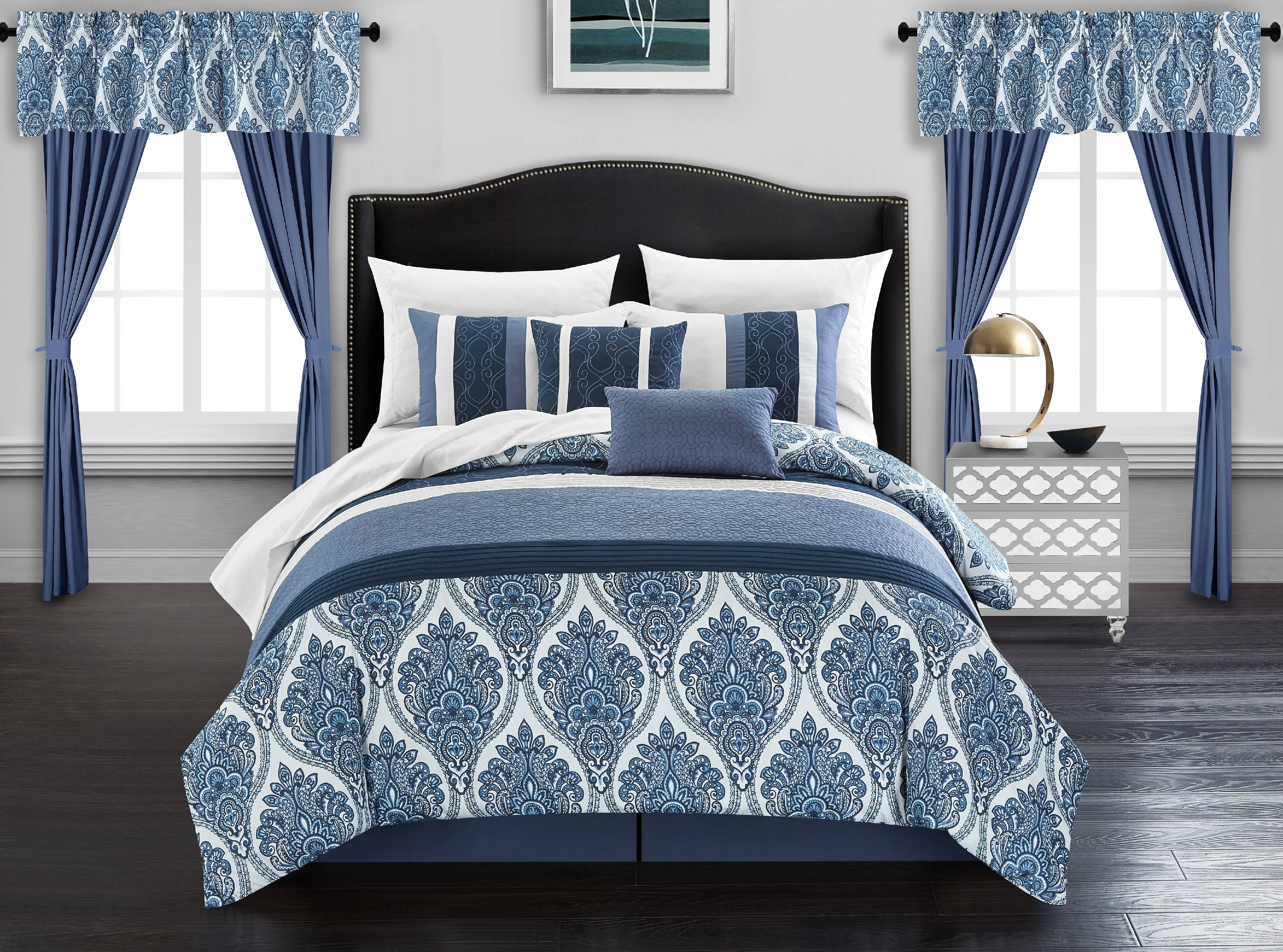Chic Home Katniss 20Piece Embroidered Comforter Set, Queen, Blue