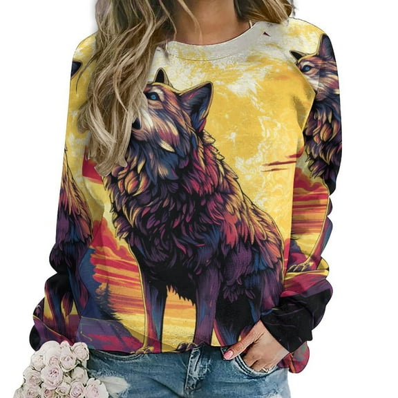 Sweatshirt For Womens Crewneck Colorful Lone Wolf Hoodies Teen Girls Cute