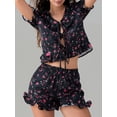thumbnail image 6 of Raccmtaty Women Summer Shorts Outfits Floral Print/Patchwork/Stripe Tie-Up Short Sleeve Tops Elastic Waist Shorts 2 Pieces Clothes Set, 6 of 8