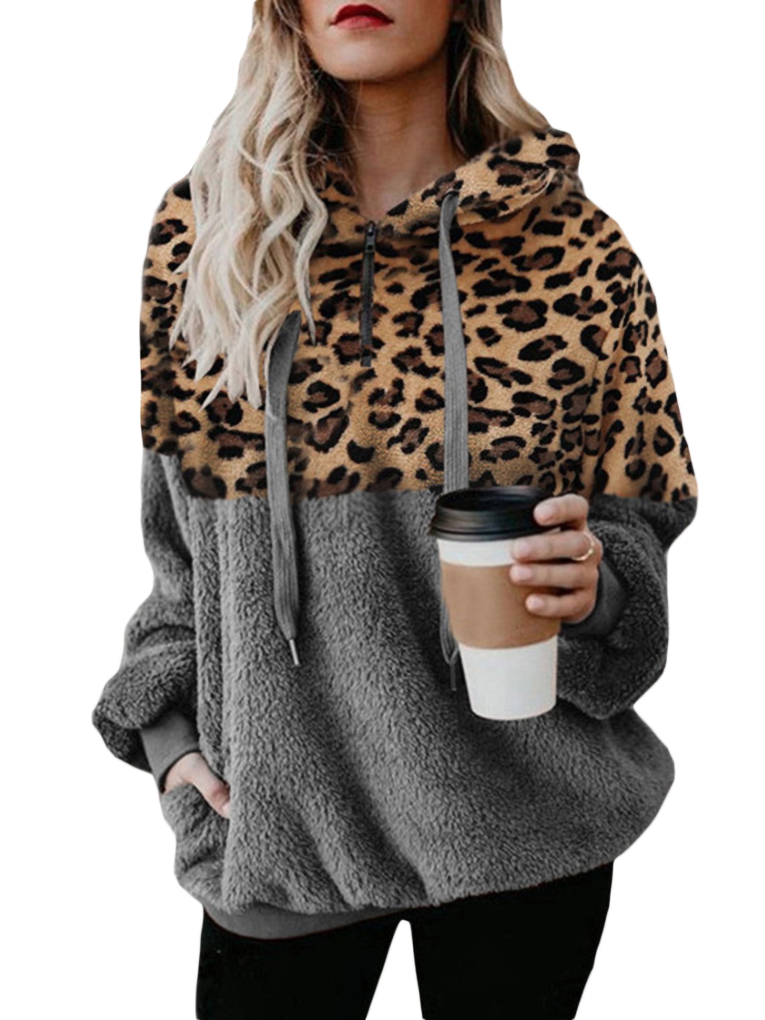POTO Hoodies for Women Leopard Patchwork Fuzzy Fleece Hooded Drawstring Sweatshirts 1/4 Zip up Oversized Sweaters Coats 