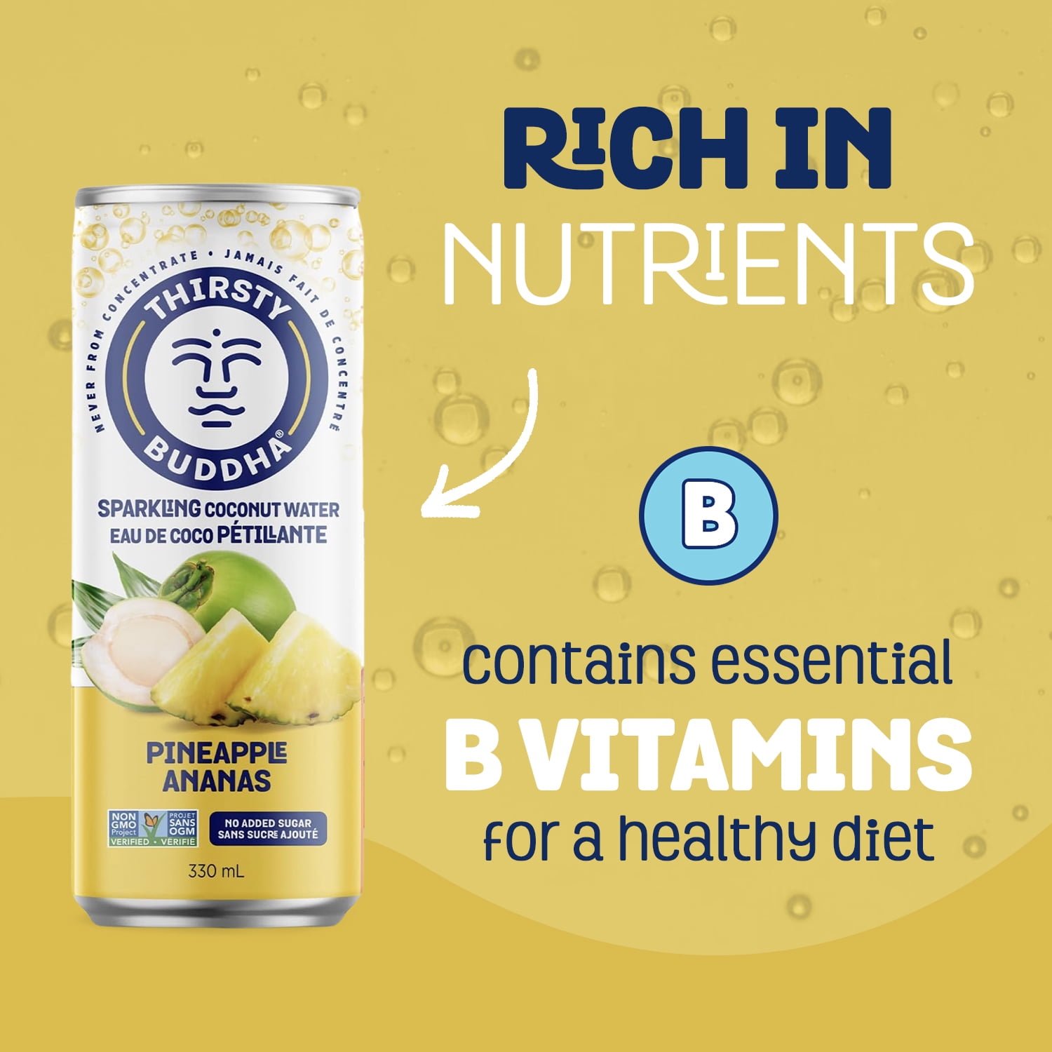 Thirsty Buddha Sparkling Coconut Water with Pineapple, No Sugar Added, Non-GMO, 330ml, Vegan Certified, Can, Sparkling Coco Water Pineapple