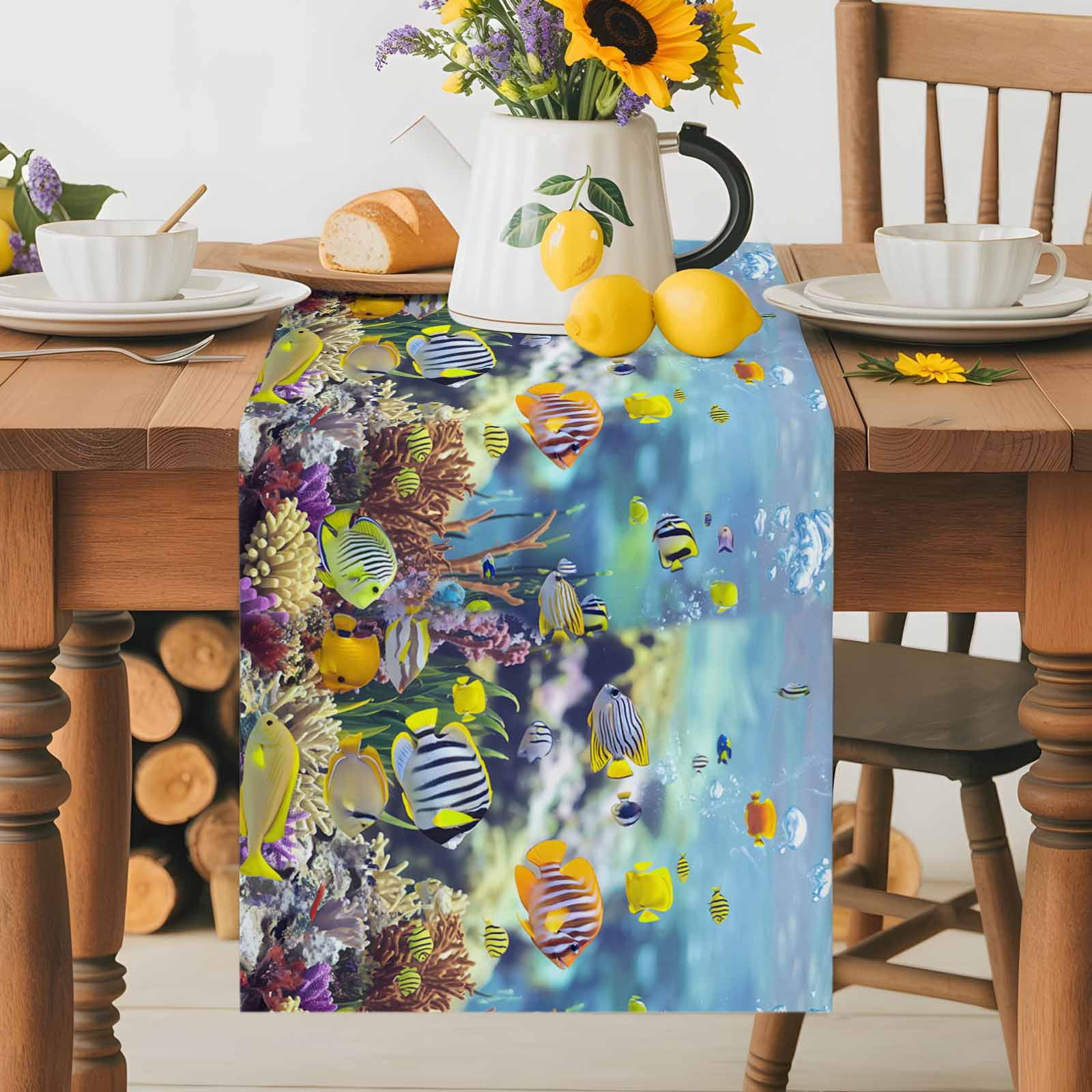 Sea Fish Coral Seaweed Table Runner 90 Inches Long, Summer Blue Ocean Table Runners Tabletop Scarf Kitchen Dining Tables Decoration for Home Party Indoor Outdoor