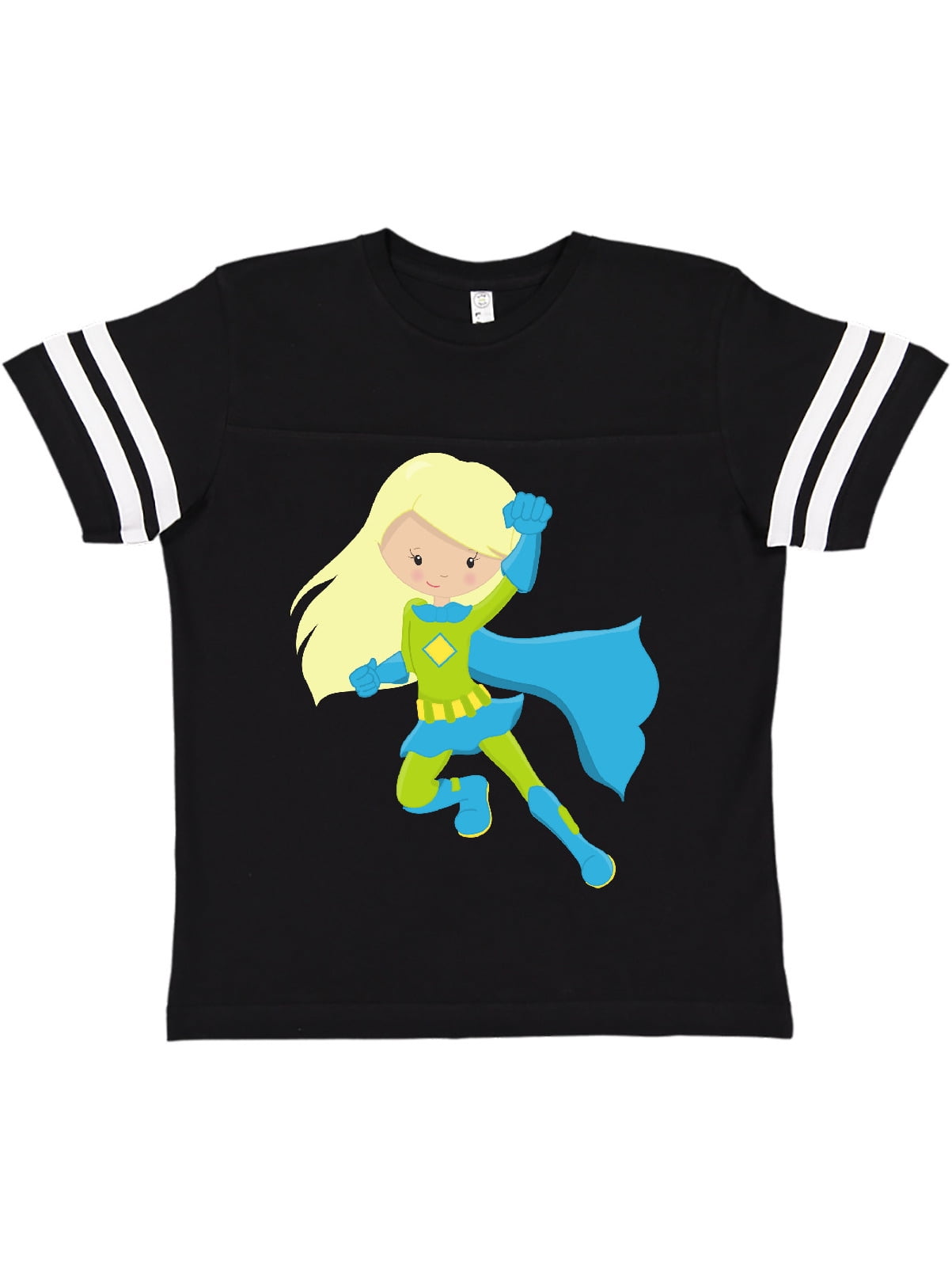 Inktastic Superhero Girl, Blonde Hair, Blue Cape, Blue Boots Child Short  Sleeve T-Shirt Female Football Black and White XS - Walmart.com -  Walmart.com