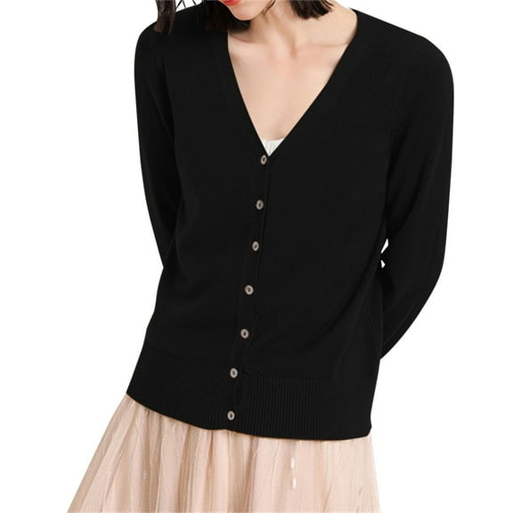 Cardigan Sweaters For Women Solid Color Long Sleeve V Neck Straight Tube Knitted Cardigan Knitting Cotton Blended Cardigan Outerwear Jackets 1Pc Black L Sweaters For Women