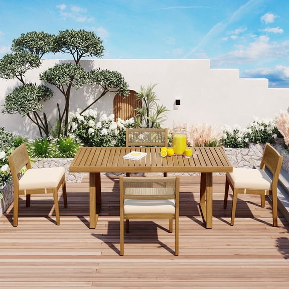 Miekor Multi-person Outdoor Acacia Wood Dining Table and Chair Set, Thick Cushions, Suitable for Balcony, Vourtyard, and Garden BC2A1601