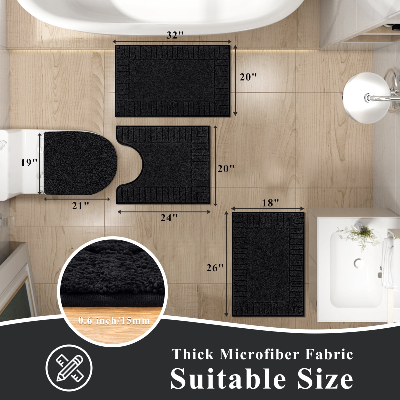 MeyJey Bathroom Rugs Set of 4 Piece, Bath Mats, Microfiber Non Slip Shaggy Ultra Soft Bathroom Runner with U Shaped Contour Toilet Mat for Bathroom, Shower Inside Floor, Black