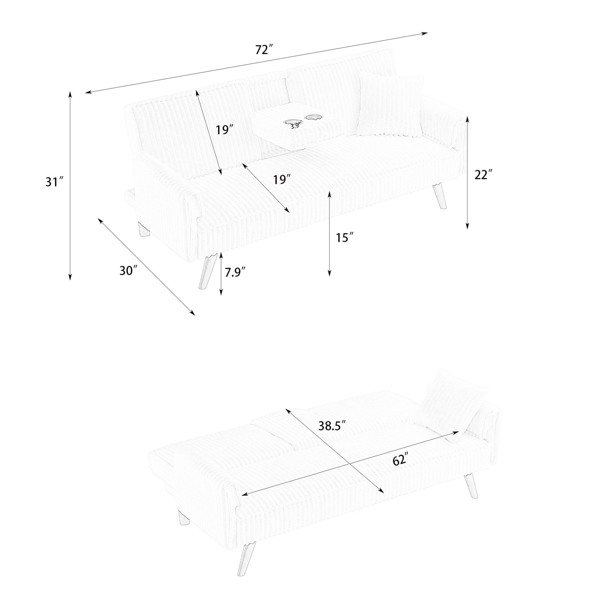 Aukfa Corduroy Futon Convertible Sofa Bed, 2 Cup Holders& Pillow, Straight-line Tufted, Beige