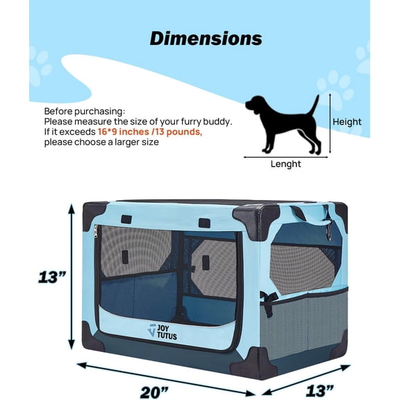 Collapsible Dog Crate, 20 Inch Portable Pet Crate for Car, Travel Foldable Crate for Puppy/Small Dog 18 lbs, Soft Cat Carrier Fit for Indoor & Outdoor/Car Back Seat/Trunk (Blue)