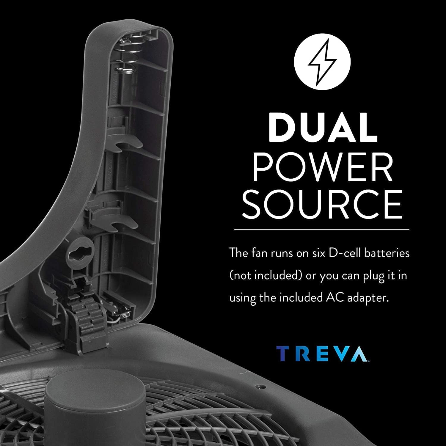 Treva 10 inch Battery Powered Portable 2 Speed Table Fan with Adapter, Gray