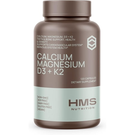 HMS Nutrition Calcium, Magnesium, Vitamins "D3 and K2" - 120 Vegan Capsules, 60 Day Supply - Supports Lung & Immune System Health- Non-GMO